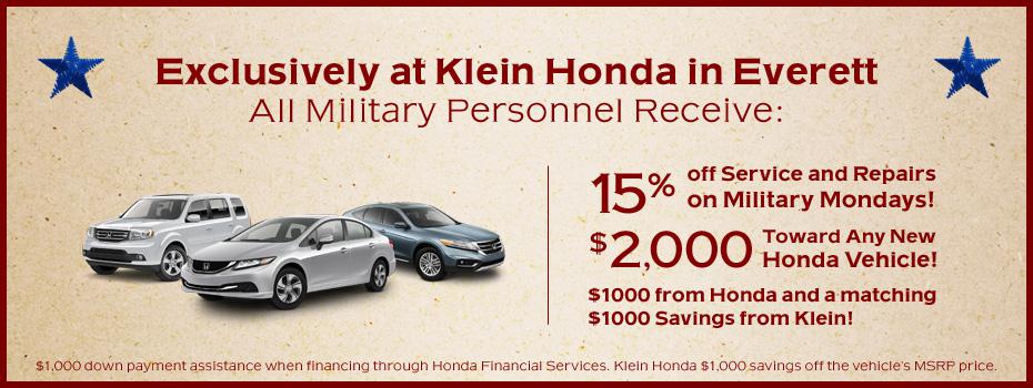 Klein Honda will be offering an additional $1,000 to military personnel, as well as exclusive service and maintenance specials.